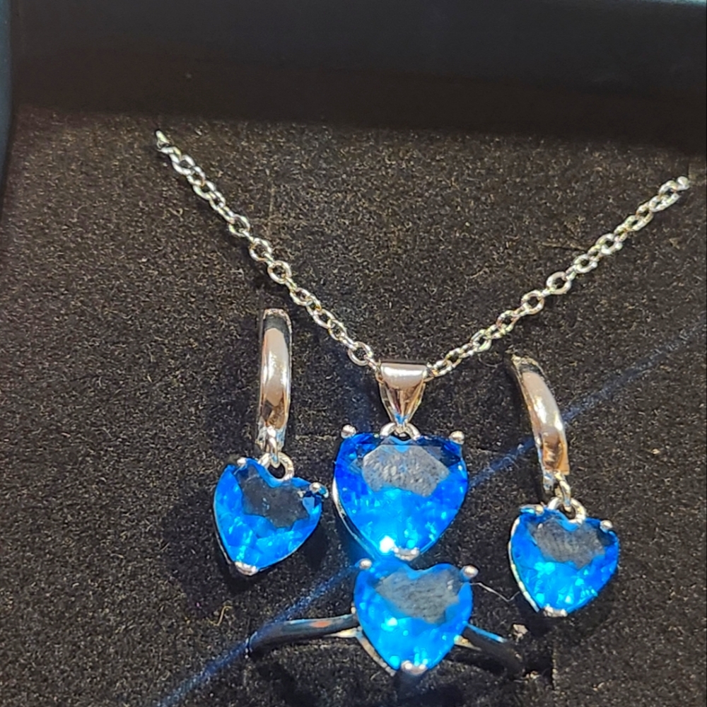 925 Sterling Silver Romantic Heart-Shaped Cubic Zirconia Necklace, Ring, And Ear
